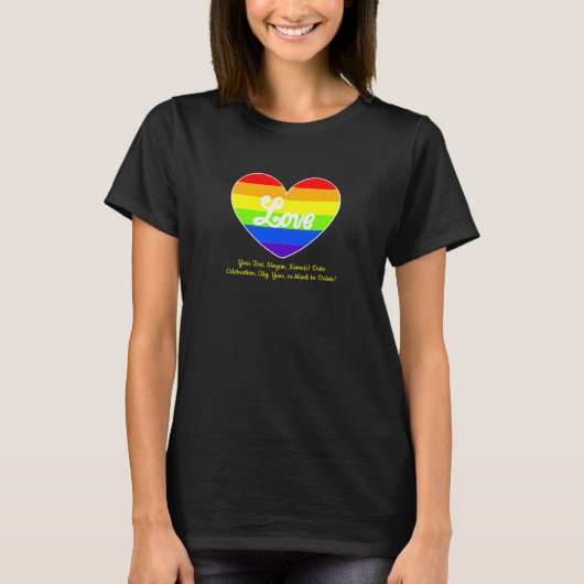 Voeg Jouw tekst toe, regenbooghartklep op zwart T-shirt (Voorkant)