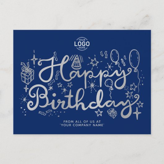 Voeg Logo Business Fun Doodle Silver Happy Birthda Feestdagenkaart (Voorkant)