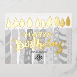 Voeg Logo Fun Gray Candles Business Happy Birthday Folie Feestdagen Briefkaart<br><div class="desc">Viel een verjaardag met een leuke logo blije verjaardagskaart met tien grijze kaarsen met een grimmige hand. De gouden of zilverfolie lichten en het handschrift schrijven zijn voorzien van het Happy Birthday-bericht. Dit is een stijlvolle leuke manier om Happy Birthday te zeggen voor klanten, werknemers en zakenpartners. Vervang uw logo...</div>