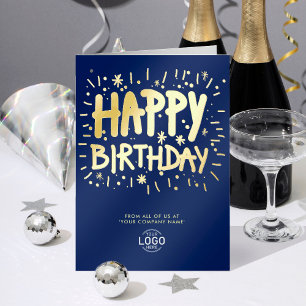 Voeg Logo Fun Navy Blue Doodle Happy Birthday Goud Folie Wenskaart