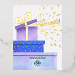 Voeg Logo Fun Paarse Blue Gifts Business Birthday  Folie Feestdagen Briefkaart<br><div class="desc">Ons Logo Business Waterverf Happy Birthday-Briefkaart is de perfecte manier om klanten, werknemers en zakenpartners een glimlach te geven. Met een originele schilderij van de waterverf van drie paarse en blauwe cadeaudozen met echte gouden folieelementen en een confetti die uit het bovenste vak sprinkelt, met Happy Birthday-tekst. Vervang uw logo...</div>
