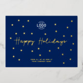 Voeg Logo Gold Stars Navy Blue Business Feestdagen Folie Uitnodiging (Voorkant)