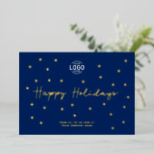 Voeg Logo Gold Stars Navy Blue Business Feestdagen Folie Uitnodiging (Staand Voorkant)
