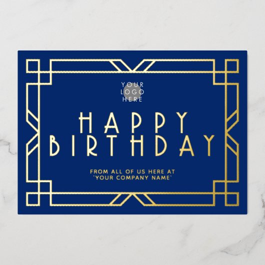 Voeg Logo Navy Blue Art Deco Business Day Gold toe Folie Uitnodiging (Voorkant)