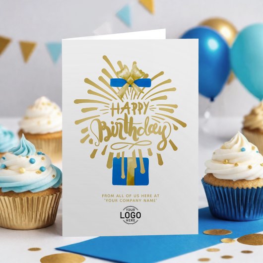 Voeg Logo Navy Blue Gold Fireworks Group Birthday Kaart