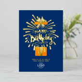 Voeg Logo Navy Blue Oranje Fireworks Group Birthda Folie Uitnodiging (Staand Voorkant)
