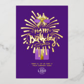 Voeg Logo Paarse Gift Fireworks Birthday toe Folie Uitnodiging (Voorkant)