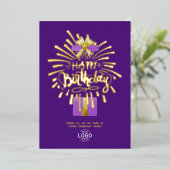 Voeg Logo Paarse Gift Fireworks Birthday toe Folie Uitnodiging (Staand Voorkant)