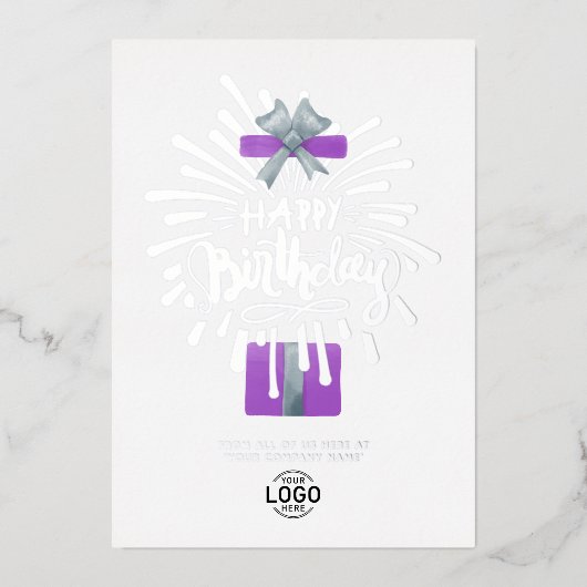 Voeg Logo Paarse Gift Fireworks Birthday toe Folie Uitnodiging (Voorkant)