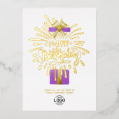 Voeg Logo Paarse Gift Fireworks Birthday toe Folie Uitnodiging (Voorkant)
