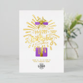 Voeg Logo Paarse Gift Fireworks Birthday toe Folie Uitnodiging (Staand Voorkant)