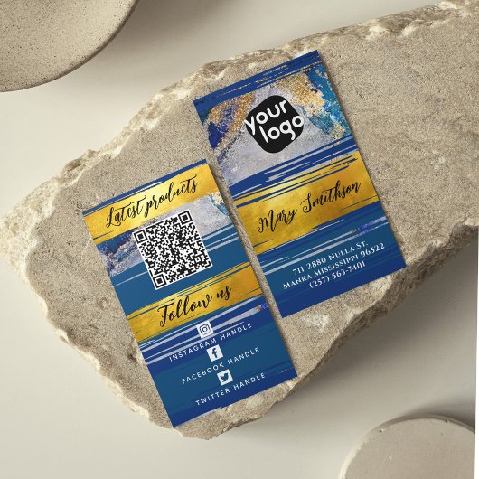 Voeg Logo QR-code en sociale media Gold Navy Blue Visitekaartje