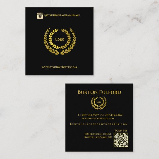 Voeg Logo QR Code Modern Zwart Goud toe Vierkante Visitekaartje (Voorkant / Achterkant)