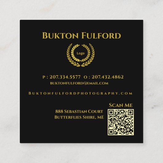 Voeg Logo QR Code Modern Zwart Goud toe Vierkante Visitekaartje (Achterkant)