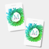 Voeg monogram roze groene kerstkrans toe badge (Voor- en achterkant)