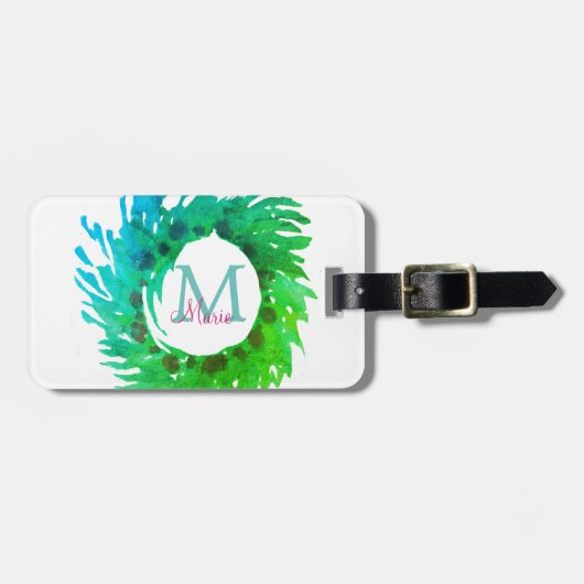 Voeg monogram roze groene kerstkrans toe bagagelabel (Voorkant horizontaal)