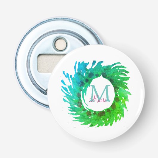 Voeg monogram roze groene kerstkrans toe button flesopener (Voorkant)