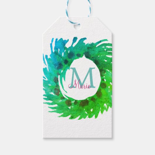 Voeg monogram roze groene kerstkrans toe cadeaulabel (Voorkant)
