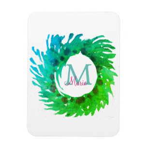 Voeg monogram roze groene kerstkrans toe magneet