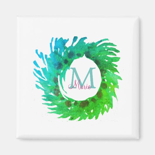 Voeg monogram roze groene kerstkrans toe magneet (Voorkant)