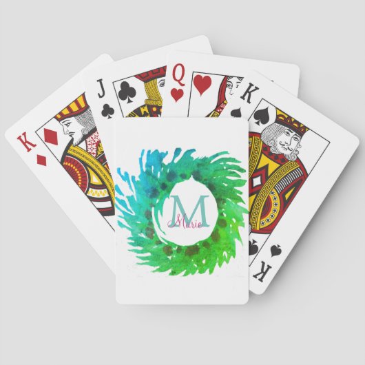 Voeg monogram roze groene kerstkrans toe pokerkaarten (Achterkant)