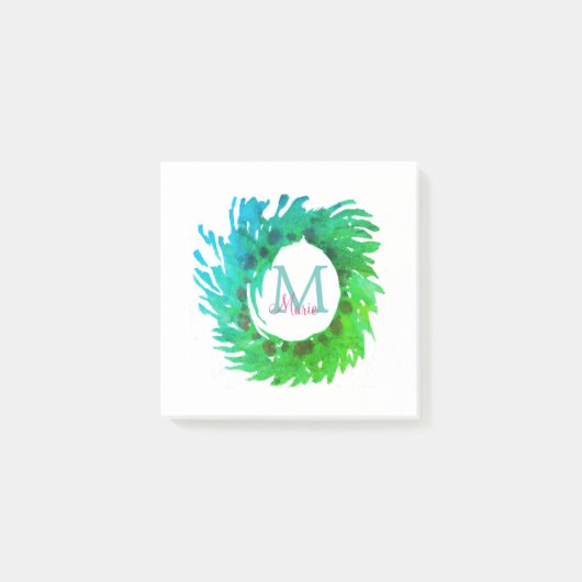Voeg monogram roze groene kerstkrans toe post-it® notes (Voorkant)