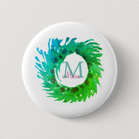Voeg monogram roze groene kerstkrans toe ronde button 5,7 cm (Voorkant)
