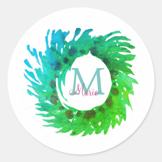 Voeg monogram roze groene kerstkrans toe ronde sticker (Voorkant)