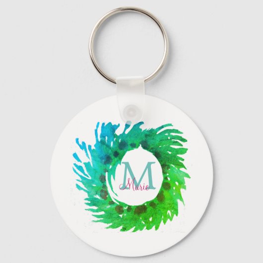 Voeg monogram roze groene kerstkrans toe sleutelhanger (Voorkant)