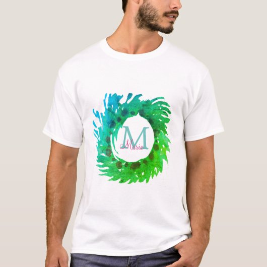 Voeg monogram roze groene kerstkrans toe t-shirt (Voorkant)