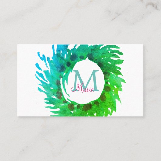 Voeg monogram roze groene kerstkrans toe visitekaartje (Voorkant)