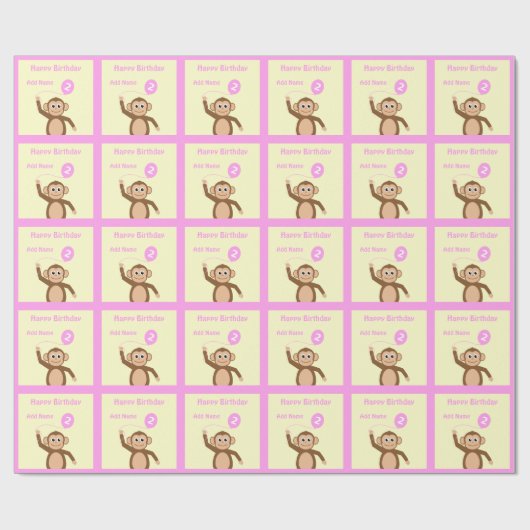 Voeg naam aap 2e verjaardag roze crème toe cadeaupapier (Vlak)