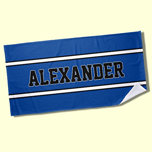 Voeg Naam, Blauw & Witte Nautical Stripes op Blauw Strandlaken