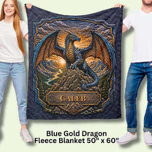 Voeg Naam Blauwe Goud Draak op Berg bij Zonsopgang Fleece Deken
