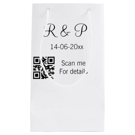 Voeg naam datum jaar QR-code van het stel hier toe Klein Cadeauzakje (Voorkant)