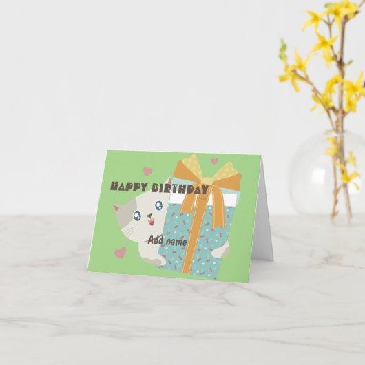 Voeg naam en foto toe  kattengelukkige verjaardag kaart (Gele Bloem)