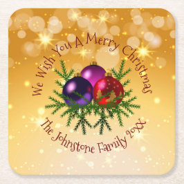 Voeg naam en kerstmis toe op Gold Square Paper C Kartonnen Onderzetters