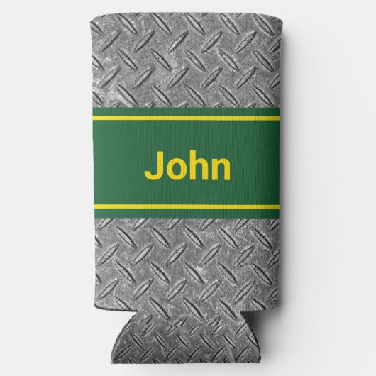 Voeg Naam Groene & Metaal Afbeelding Tall toe Seltzer Blikjeskoeler (Achterkant)