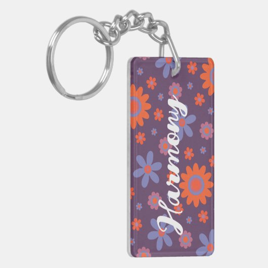 Voeg naam Happy Retro Flowers 70s Daisy Funny Scha Sleutelhanger (Voorkant Links)