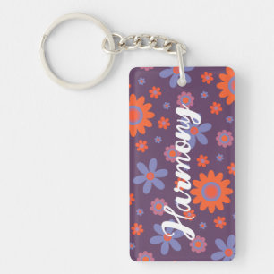 Voeg naam Happy Retro Flowers 70s Daisy Funny Scha Sleutelhanger
