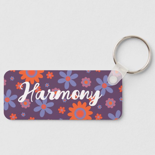 Voeg naam Happy Retro Flowers 70s Daisy Funny Scha Sleutelhanger (Voorkant)