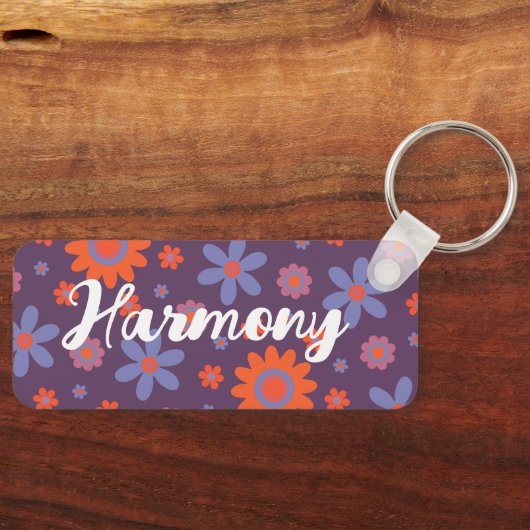 Voeg naam Happy Retro Flowers 70s Daisy Funny Scha Sleutelhanger (Voorkant)