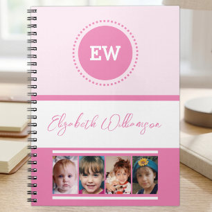 Voeg naam initiaal 4 foto's wit roze toe notitieboek