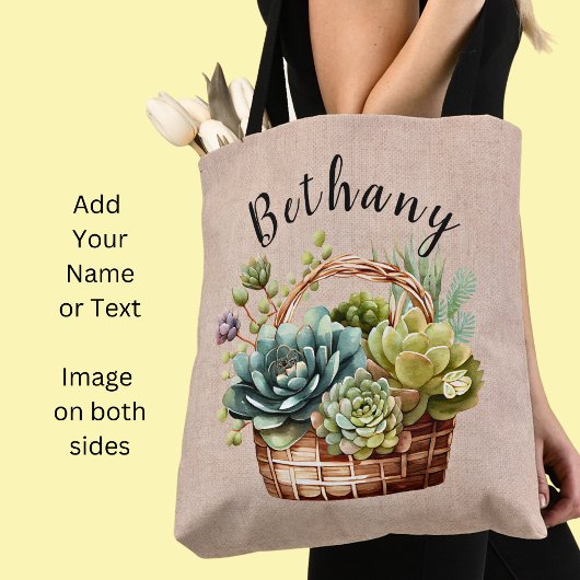 Voeg Naam of Tekst toe, Basket van Succulente Plan Tote Bag