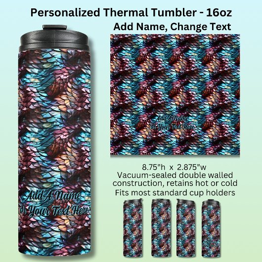 Voeg naam of tekst toe, Dragon Scales Aqua Blue Cr Thermosbeker