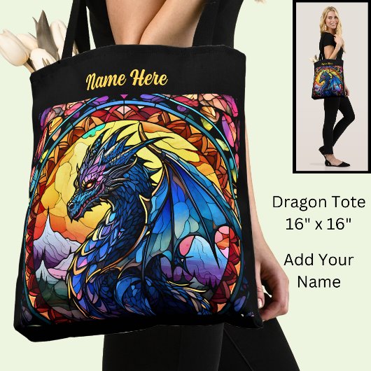 Voeg naam of tekst toe, Glas in lood Dragon Tote Bag