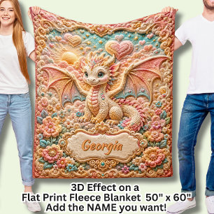 Voeg Naam Oranje Bloemen Baby Draak 3D Effect toe Fleece Deken