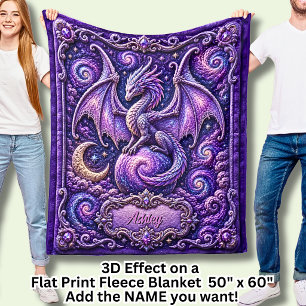 Voeg Naam Paarse Galaxy Draak 3D Effect toe Fleece Deken