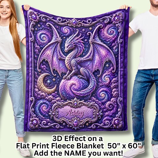 Voeg Naam Paarse Galaxy Draak 3D Effect toe Fleece Deken
