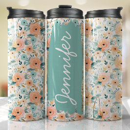 Voeg naam Perzik Rozen Bloemen Custom Gift Thermosbeker
